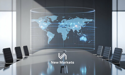 Poster - Futuristic conference table with world map projection, strategy session, global expansion focus