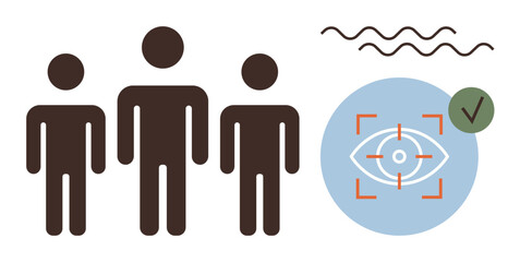 Poster - Three human figures beside an eye symbol encased in a blue circle with scanning indicators and a checkmark. Ideal for security, identification, technology, authentication, privacy, surveillance