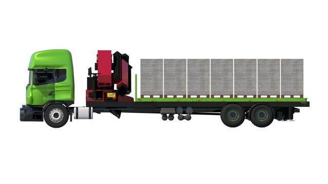 Rendered image of a green semi-truck with a 35-ton mounted red crane loaded with stacks of 60cm x 20cm x 10cm lightweight bricks, from the side against a white set, defining heavy material handling