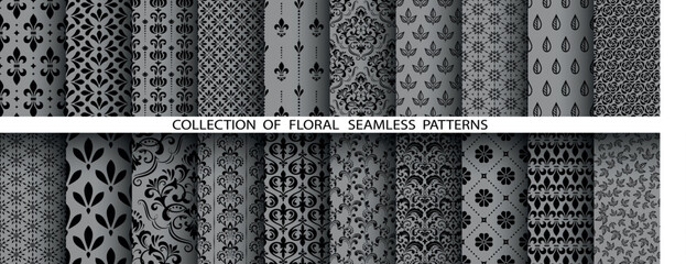 Poster - Geometric floral set of seamless patterns. Gray and black vector backgrounds. Damask graphic ornaments