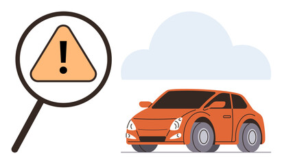 Poster - Magnifying glass amplifying a yellow caution sign next to an orange car and a minimalist cloud. Ideal for automotive safety, road hazard, warning systems, inspection, technology, traffic awareness