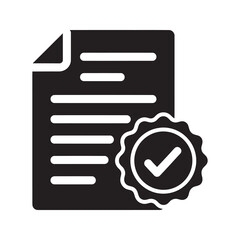 Poster - Certified document quality assurance glyph icon with approved seal representing legal contract compliance verification and standard policy agreement vector solid