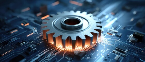 Poster - Close up of a gear on a circuit board technology advancement
