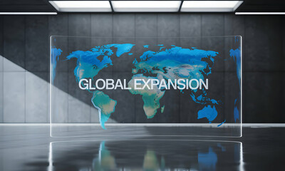 Poster - World map projection in a modern setting, conveying expansion with a blurred background, usable for presentations