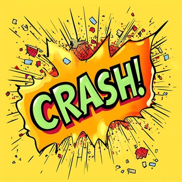 The word CRASH! written in a comic book speech bubble style, with halftone dots and a bright yellow background