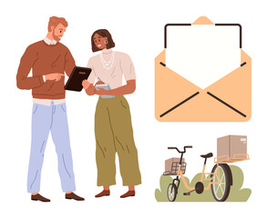 Poster - Two professionals exchanging information using a tablet and notebook, next to a large envelope and a cargo bicycle. Ideal for communication, teamwork, logistics, delivery, e-commerce, correspondence