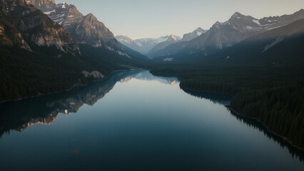  Immersive Cinematic Landscape of a Still Mountain Lake with Perfect Reflection of Towering Peaks and Clear Sky, Capturing Pristine Wilderness and Tranquility