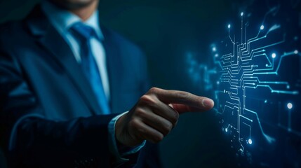 Poster - A businessman in a suit interacts with a glowing digital circuit board hologram, symbolizing technology and innovation.