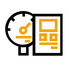 Poster - Simple orange geometric icons representing a switch and a calculator on black background