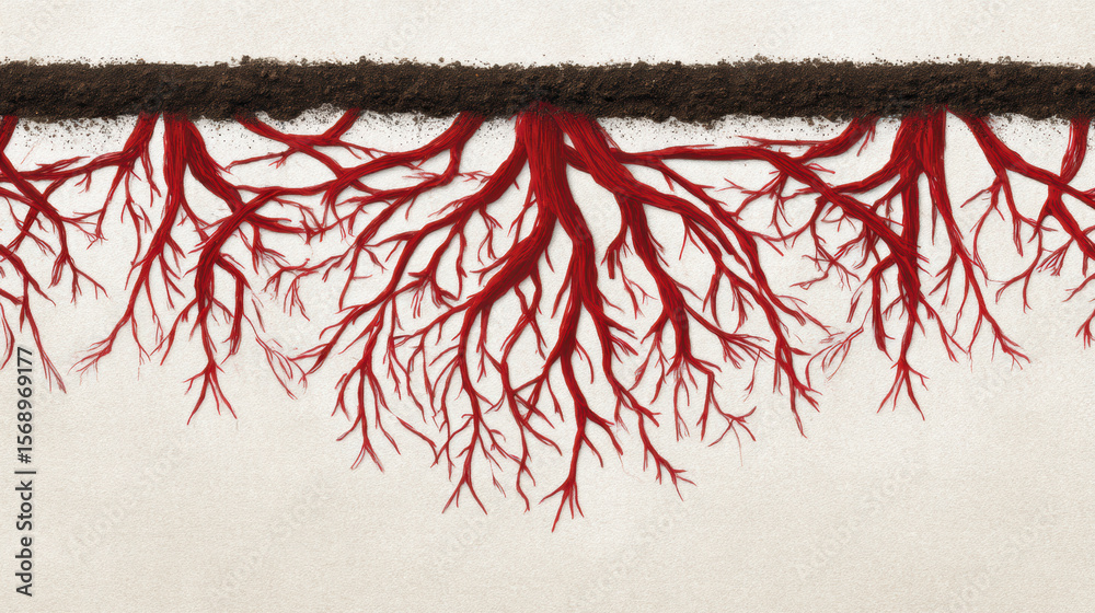 Red root system spreading downward through soil, illustrating ...