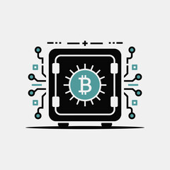 Poster - Minimalist Vector Illustration of a Black Digital Safe Containing a Teal Bitcoin Symbol Surrounded by a White Sunburst Design Connected to a Circuit Board Style Network of Teal and Black