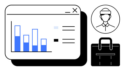 Poster - Bar chart analytics on a dashboard screen, person icon with cap, and briefcase icon. Ideal for data visualization, business management, user profile analysis, professional growth, corporate strategy