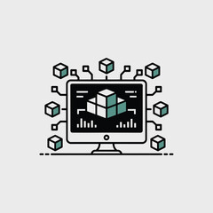 Fototapete - Minimalist Vector Illustration of a Computer Screen Displaying a 3 D Cube Composed of Smaller Cubes Connected by Circuit Lines Surrounded by Additional Cubes Indicating Data Processing or