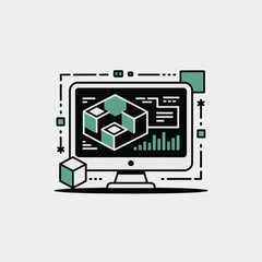 Fototapete - Minimalist vector illustration of a desktop computer displaying a 3 D model composed of interconnected teal cubes against a black screen alongside simple bar graphs and other data