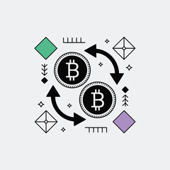 Poster - Minimalist Vector Illustration of Bitcoin Cryptocurrency Exchange Two Black Bitcoin Coins with White B Symbol Circulating Counterclockwise Surrounded by Geometric Shapes Green and Purple