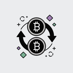 Poster - Minimalist Vector Illustration of Bitcoin Cryptocurrency Exchange Two Black Bitcoin Coins with White B Symbols Circulating Counterclockwise with Arrows on a Light Gray Background Decorated