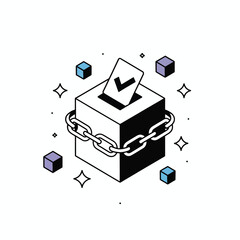 Poster - Secure Ballot Box Icon Minimalist Black White Isometric Design Cubes Chain Link Voting Election Cybersecurity Data Privacy Blockchain Technology Graphic