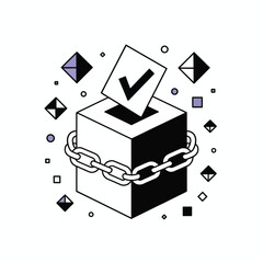 Poster - Secure Ballot Box Icon Minimalist Black White Purple Geometric Design Illustration Vote Election Security Chain Link Cube Checkmark
