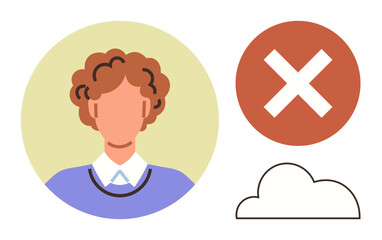 Poster - Profile of a person wearing a collared shirt, bold red cross for denial or error, and a simple cloud. Ideal for rejection, error, access restriction, no entry, failure, mistake simple flat metaphor