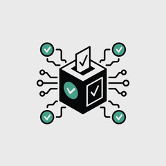 Fototapete - Secure Online Voting System Ballot Box Icon Illustration Teal Green Checkmarks Black Cube Digital Technology Network Connectivity Secure Election Process Data Protection Cyber Security