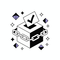 Fototapete - Secure Ballot Box Illustration Black and White Isometric Cube Design with Check Mark Paper Chain and Purple Geometric Shapes on White Background