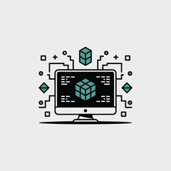 Fototapete - Teal 3 D Cube Icon Displayed on Black Computer Screen Minimalist Line Art Graphic Design Element Featuring Geometric Shapes and Digital Circuitry