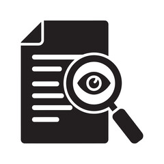 Poster - Document review icon with magnifying glass and eye symbol for thorough inspection audit scrutiny proofreading and detailed content analysis vector solid glyph