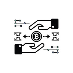 Poster - Two black hands cupping a central black Bitcoin symbol with teal and gray nodes and lines extending from each side two black microchip icons with dashed lines indicating transfer between