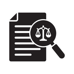 Poster - Legal research icon shows magnifying glass over scales of justice on a document for law review compliance check and corporate legal audit vector solid glyph