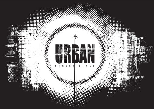 Vector banner with a airplane and a circle on the theme of urbanism, street art, digital technology and photo studios on the background of the cityscape, pixels. T-shirt design, poster,logo. No ai