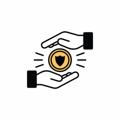 Poster - Two hands protecting a gold coin with a shield icon inside minimalist black line art icon graphic design element