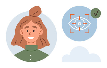 Poster - Female character portrait paired with an eye recognition interface and authentication checkmark. Ideal for identity verification, security access, user authentication, technology, biometrics