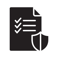 Poster - Security compliance checklist icon on a document with shield for data protection policy safety protocol and secure system verification audit vector solid glyph