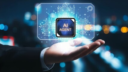 Poster - Hand holding ai agent chip with circuit board design