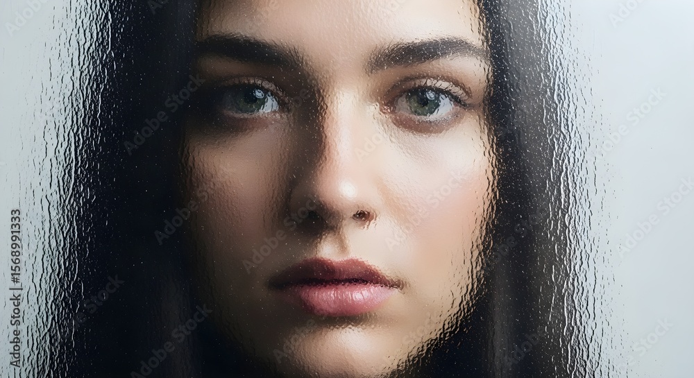Portrait of a Woman Seen Through Textured Glass with Water Droplets ...