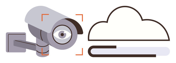 Poster - CCTV camera paired with cloud icon symbolizing online storage for video monitoring. Ideal for security, monitoring, data, privacy, technology, innovation, cloud computing. Simple flat metaphor