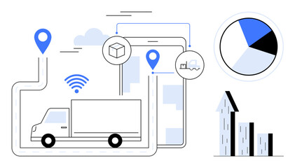 Poster - Truck with GPS tracking, wireless connectivity, charts, and growth icons signifying data-driven logistics and supply chain optimization. Ideal for delivery, shipping, analytics, growth, technology