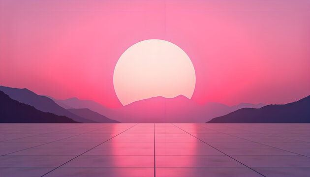 Minimalist Pink Sunset Over Mountains and Reflective Terrace