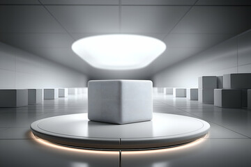 Poster - Cube on Round Platform with Tunnel Background in Modern Style. Mock up promotion information for marketing announcements and details, blank white space