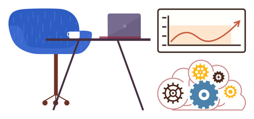 Poster - Modern workspace featuring a blue chair, table with laptop and mug, growth graph, and cloud gears. Ideal for productivity, workflow, analytics, business growth, innovation digital strategy simple
