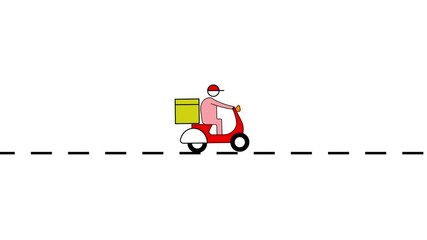 Poster - Animated delivery person on a scooter delivering food on a minimalist road. Fast food delivery animation. Minimalist scooter rider on urban road with package.