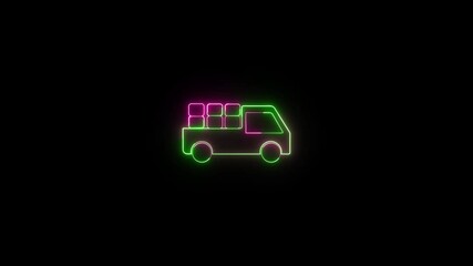 Poster - Neon outline of a delivery truck transporting cargo on a black background. Cargo truck animation. Neon glowing van and logistics transport with vibrant shipping icon on black background.Ask ChatGPT