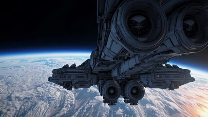 Wall Mural - Large spaceship with powerful engines is orbiting a planet covered in thick clouds, offering a stunning view of space exploration and futuristic travel