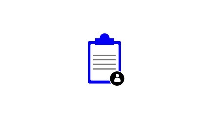 Poster - Blue clipboard icon with lined paper simple flat design on white background. Clipboard checklist animation. Minimal document icon symbolizing business tasks and project management.