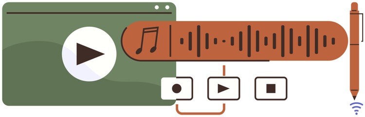  - Media playback interface with play button, audio waveform, control icons, and smart digital pen. Ideal for media editing, digital tools, content creation, UI design, education tech products simple