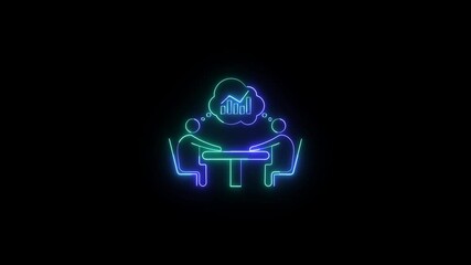 Poster - Animated neon illustration of business meeting and shared financial growth ideas. glowing business brainstorming animation. Animated teamwork with glowing financial charts and data analysis