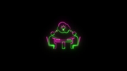 Poster - Neon illustration of collaborative brainstorming and idea generation. Neon glowing brainstorming animation. Animated light bulb and team discussion symbolizing creative ideas and collaboration.