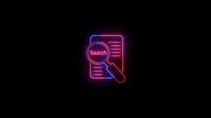 Poster - Neon illuminated search concept magnifying document symbol on black background. Glowing Search icon animation with magnifying glass and document for research, analysis, and information discovery.