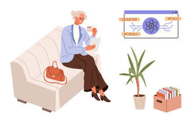 Poster - Businesswoman with coffee reviewing documents on sofa, next to a science graphic, house plant, and box of books. Ideal for education, science, self-development, lifestyle, focus productivity simple