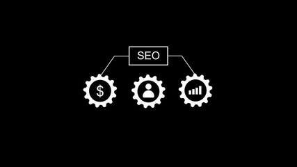 Poster - Conceptual seo strategy depicted with gears and icons. SEO strategy animation featuring gear, chart, and user data for digital marketing, growth, and business success.Ask ChatGPT